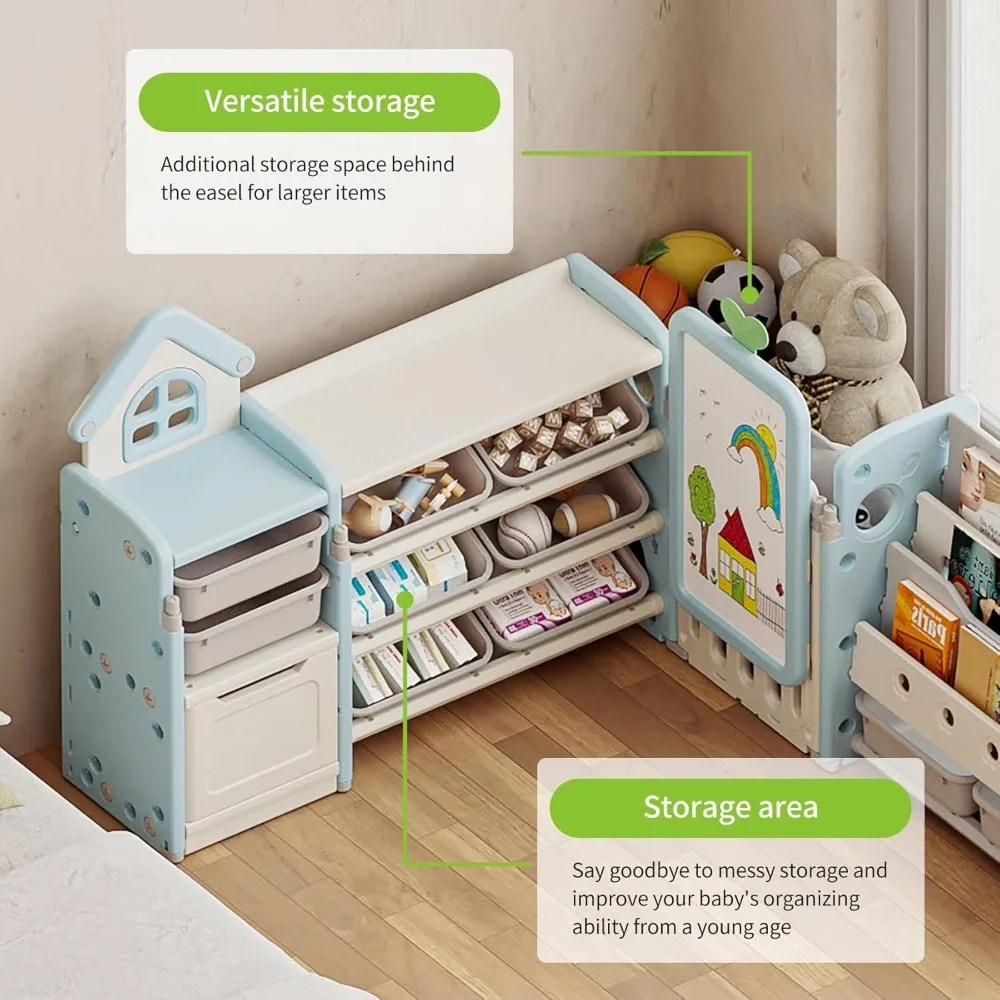 UNICOO Kids Multifunctional Toy Storage Organizer with 3-Tier Bookshelf, Storage Rack & Drawing Board, Flexible & Versatile L