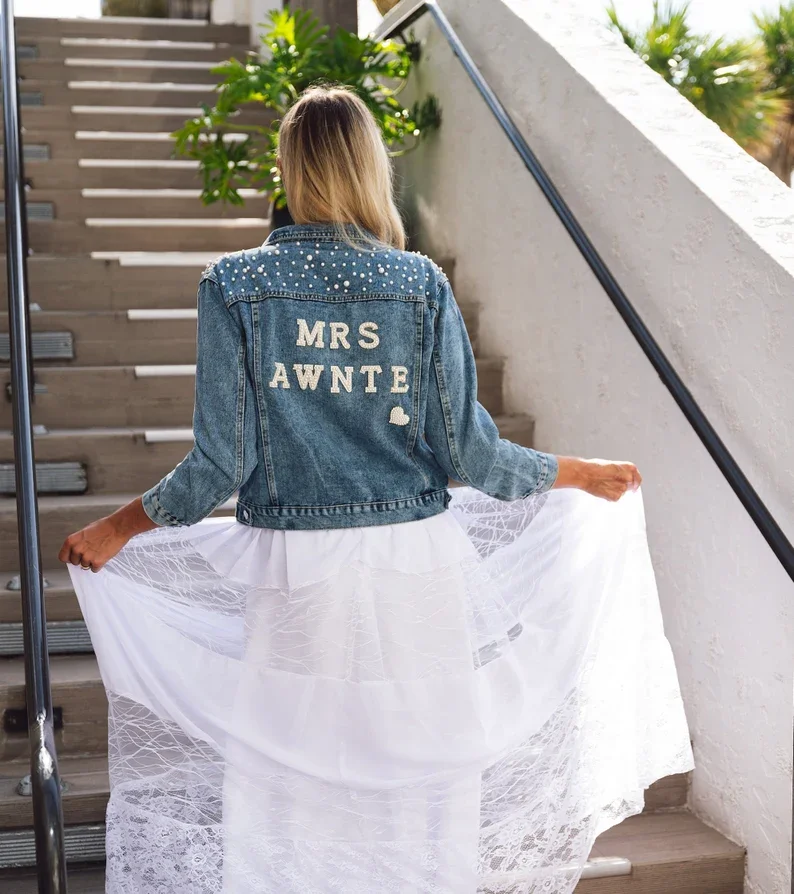 Bruid Strass Custom Bridal Denim Jas Future Mrs Bruiloft Jassen Wifey Naam Parel Detaillering Gepersonaliseerde Bridal Party Jas