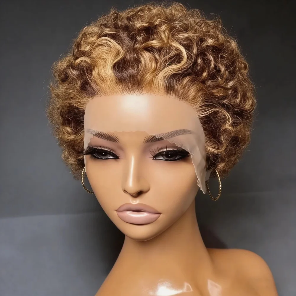 Parrucche in Capelli Umani Birmani per Donne di Colore, Parrucche Afro Ricce Pixie Bob Corte con Attaccatura Pre-Rifinita, Parrucche Bob con Onde d'Acqua e Frontale in Pizzo 13X1 - immagine 2