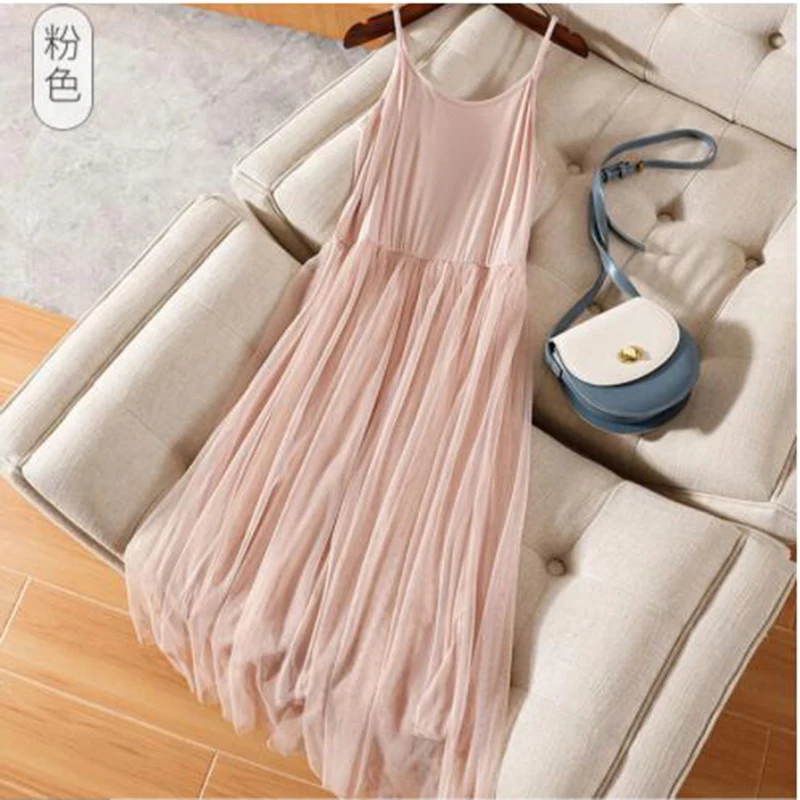 

Women Summer Dresses Casual Japanese Style Cute Mori Girl Mesh Lace Stitchcing Spaghetti Strap Dress Modal Sundress Jurk Dames