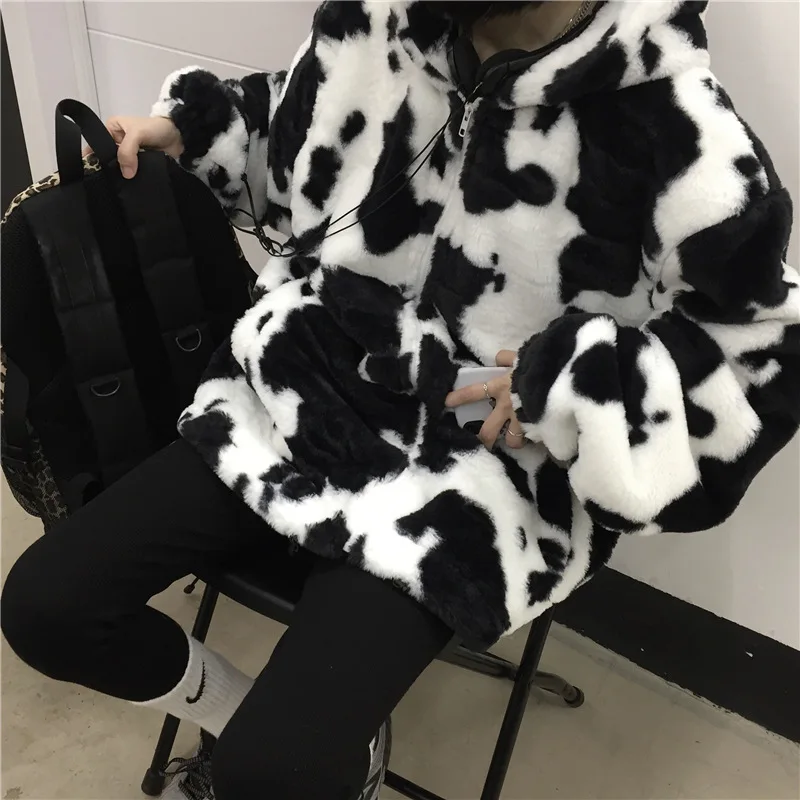 Women's Loose Top Cotton-Padded Coat Hoodies Sweatshirts Keep Warm Clothes Hoodies Women Winter Furry Cows Pattern Hooded Coat