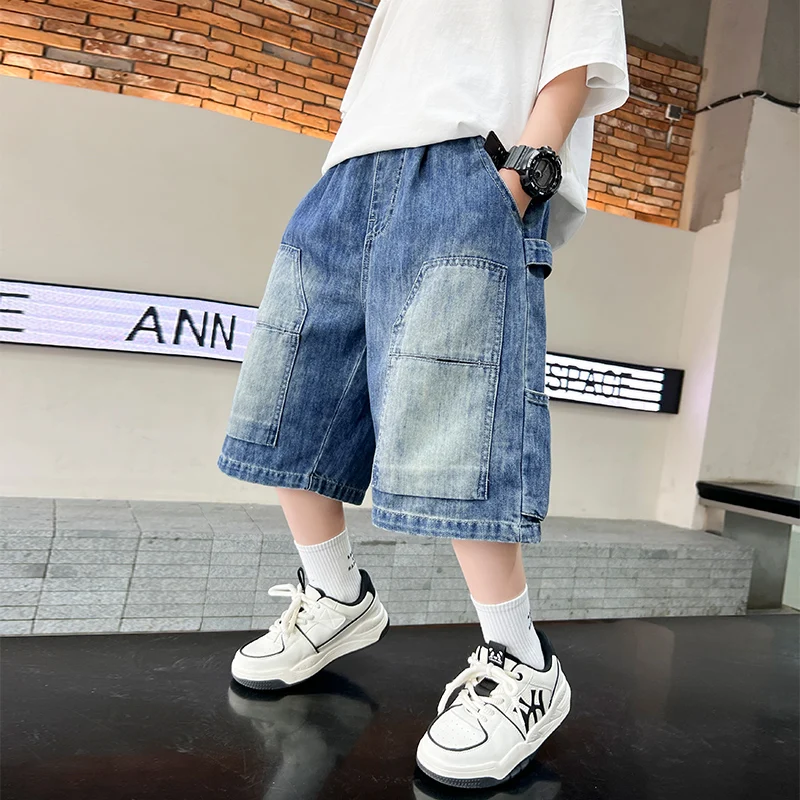 고품질 아동용 여름 Y2K 블루 데님 카고 반바지, 십대 남아 캐주얼 스트리트 바지 5 6 7 8 9 10 11 12 13 14세용