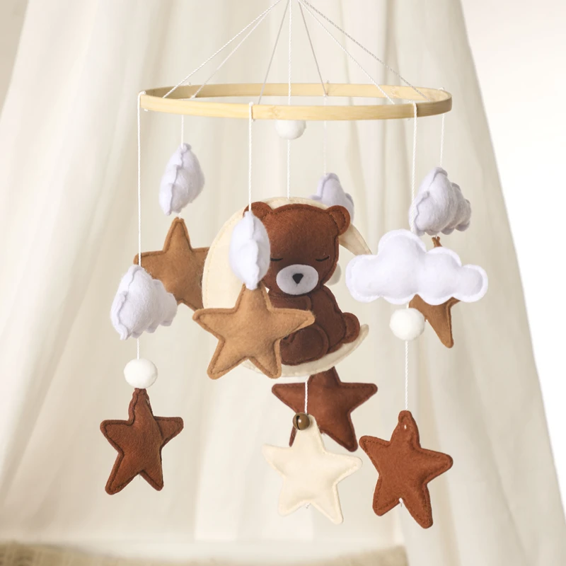 Wooden Soft Brown Bear Bed Bell Toy For Newborns Aged 0-12 Months Baby Room Mobile Hanging Decoration Accessories Baby Toy Gift 3