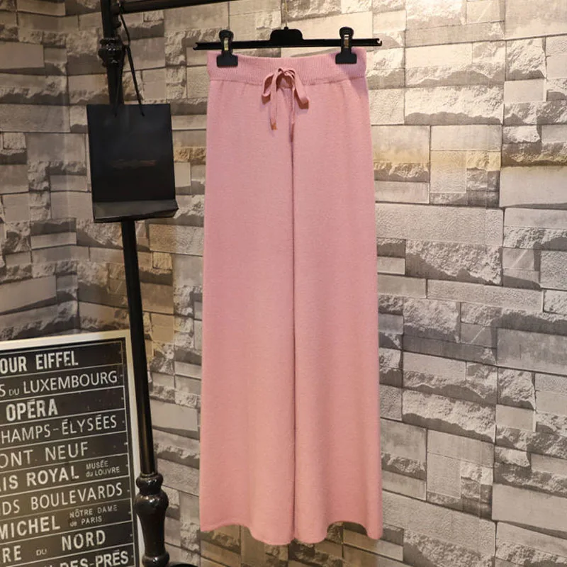 Fashion All-match High Waist Wide Leg Knitted Pants Autumn Winter Women's Clothing Simplicity Elastic Drawstring Solid Trousers