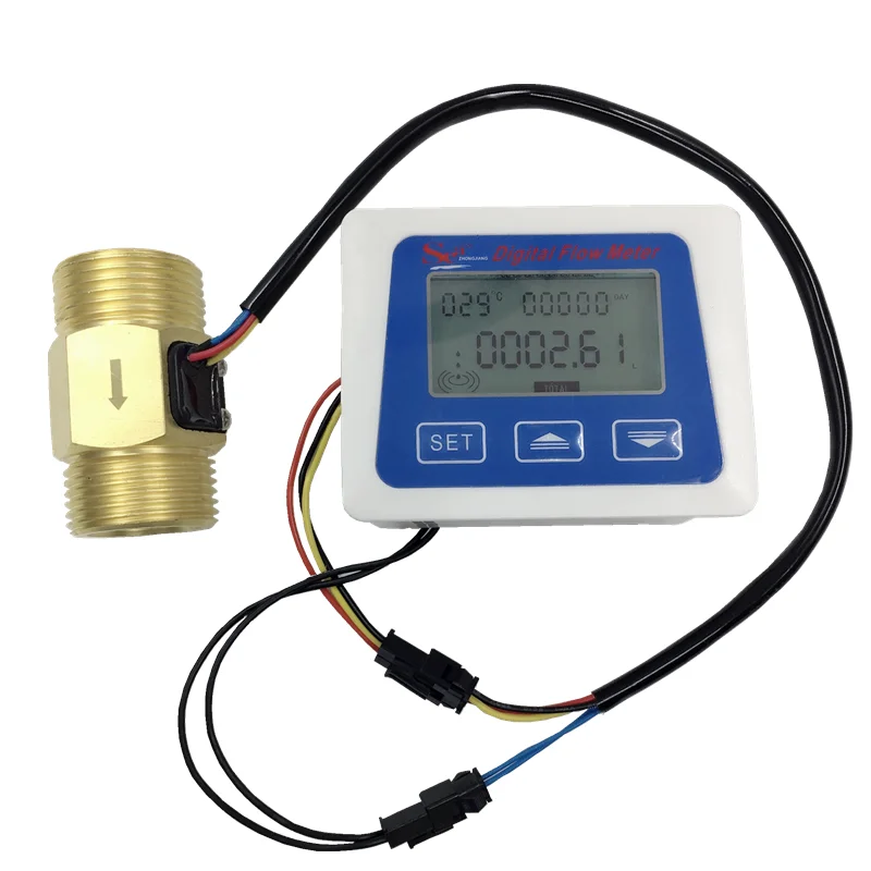 Digital Flow Meter 1" Turbine Flow Sensor 4-45L/min + NTC Temperature Measurement rate Total Liters