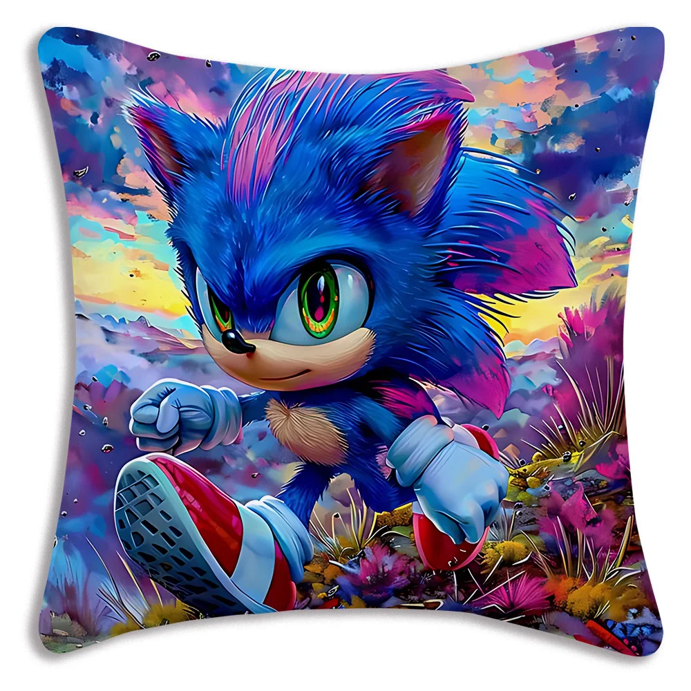 thumbnail image 1 of Funda de almohada de dibujos animados de anime S-Sonics Hedgehog, funda de cojín de felpa corta con estampado de doble cara para sofá decorativo de dibujos animados para el hogar, 1 of 5