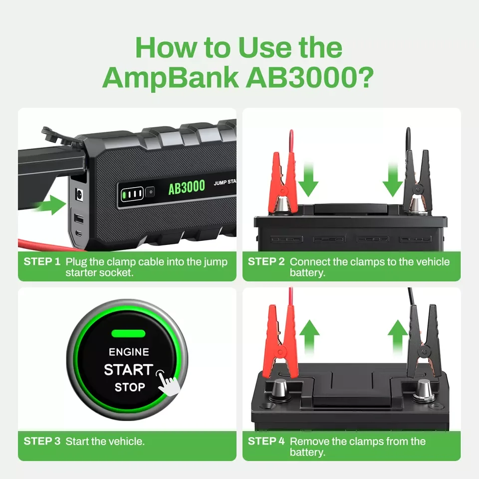 AMPBANK AB3000 12V car jump starter battery charger power bank 3000A portable