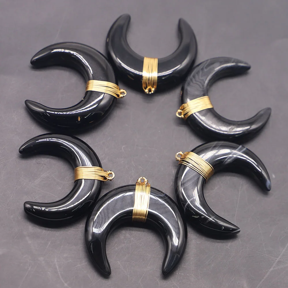 Free Shipping Natural Black Agate Moon Pendant Horn Semi-precious Stone Necklace Diy Charm Jewelry Accessories Wholesale 3Pc/Lot