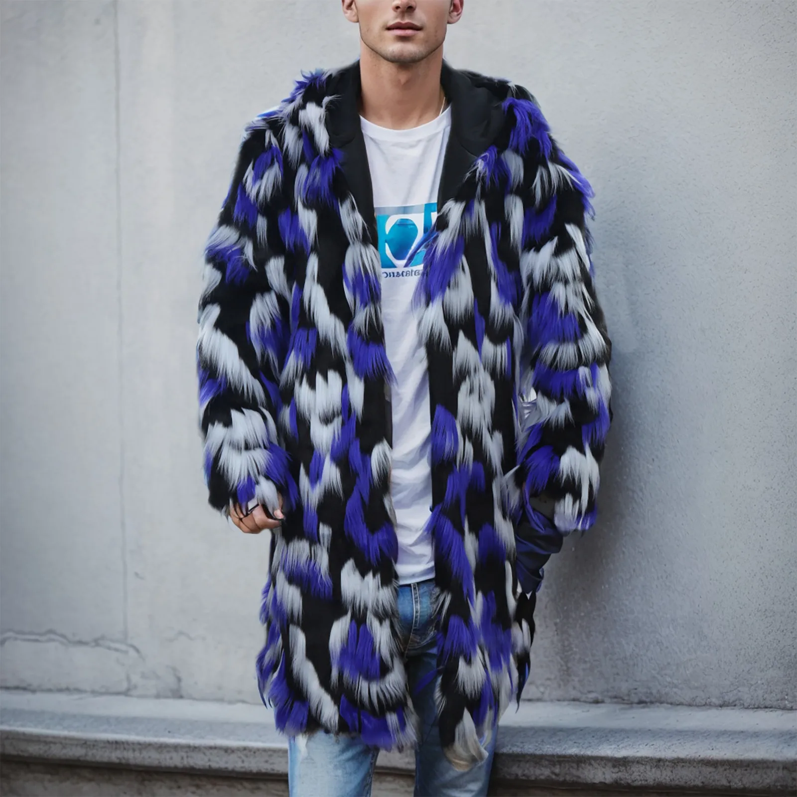 

Men's Winter Square Figure Hooded Thermal Leopard Print Fashion Outdoor Wool Artificial Collar Coat Hiking Rain Coats Men