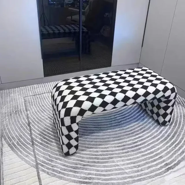 Nordic Minimalist Shoe Changing Bench Sofa Stool Living Room Furniture Sofa Chair Creative Black and White Checkerboard Chairs 2
