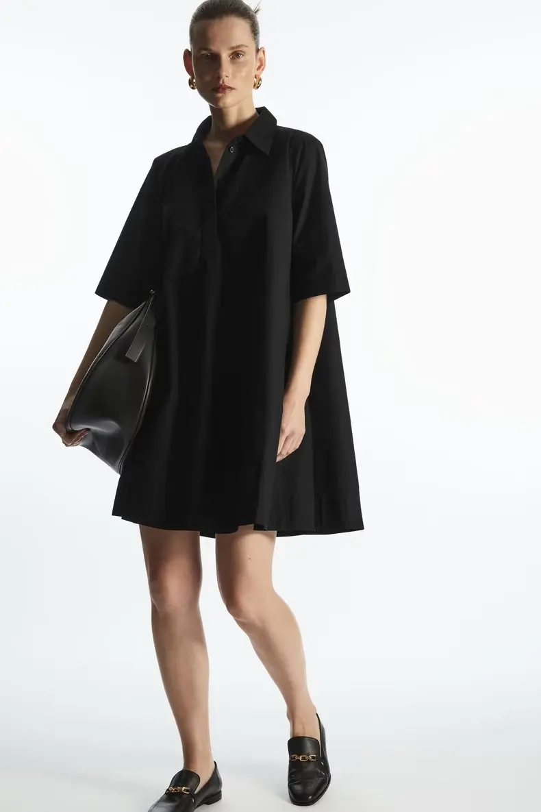 

Women 2023 New Fashion Summer A- line Half Placket Shirt Dress Vintage Short Sleeve Casual Chic Female Dresses Vestidos Mujer
