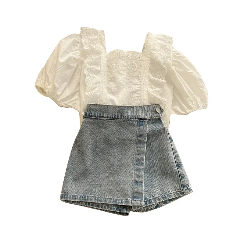 Kids Clothing Set Girls Fashion Lace Blouse Top & Denim Shorts Korean Style 2pcs 2-7Y kids clothing set,girls clothing set