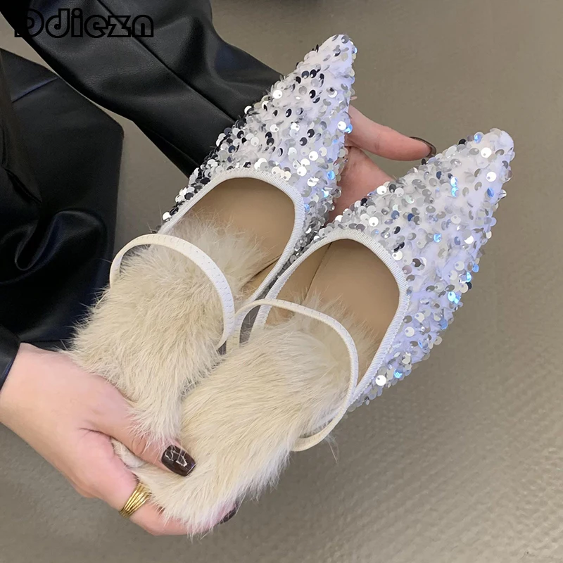 

Bling Women Pumps Fur High Heels 2023 Winter Autumn New Fashion Ladies Slides Furry Pointed Toe Footwear Slip-On Female Shoes