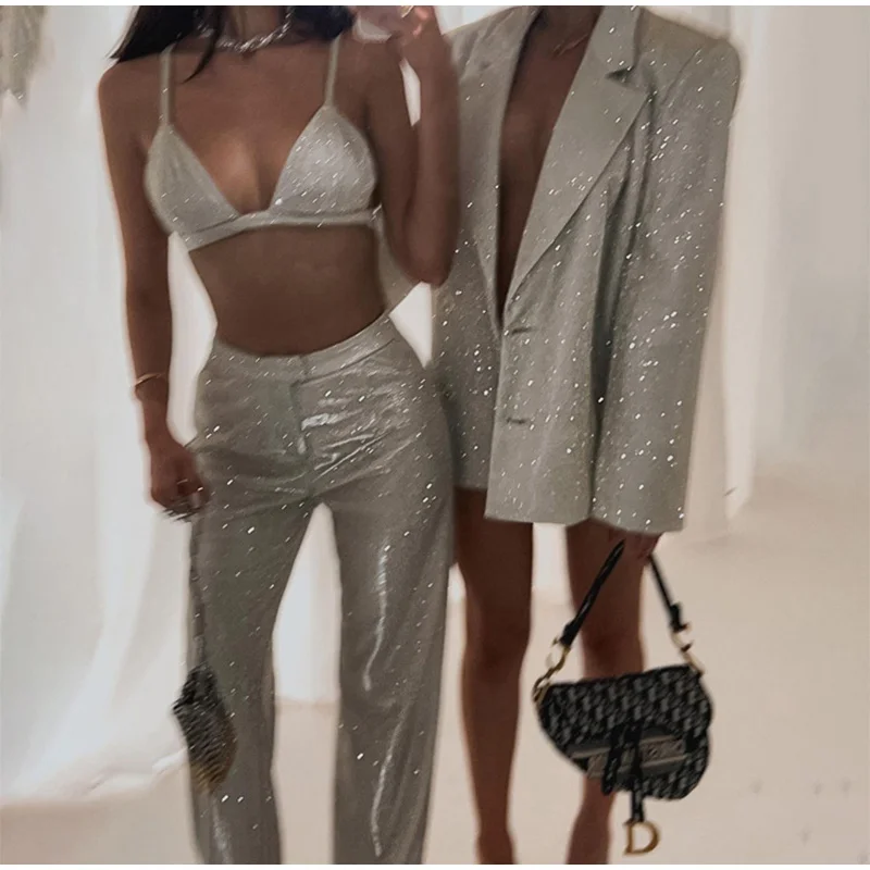 Party Sexy Glitter Sleeveless Crop Top Two Piece Set Women Summer Club Bling High Waist Pants Sets Straight Trouser Bra Suits plus size pants suits evening wear