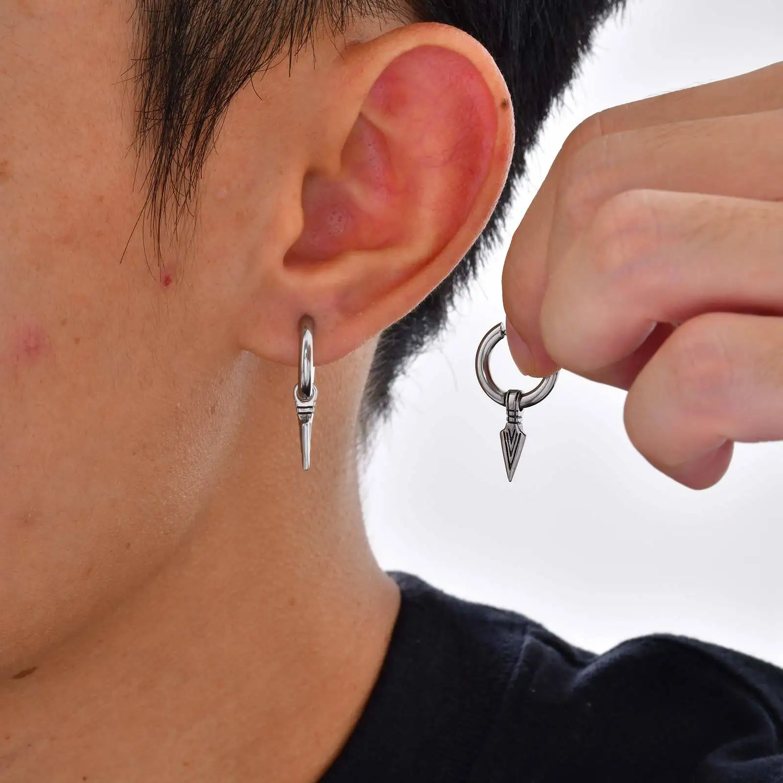 Punk Spear Hoop Earrings for Men Boys,Stainlesss Steel Triangular Pointed Huggies Earring,Anti Allergy Earring