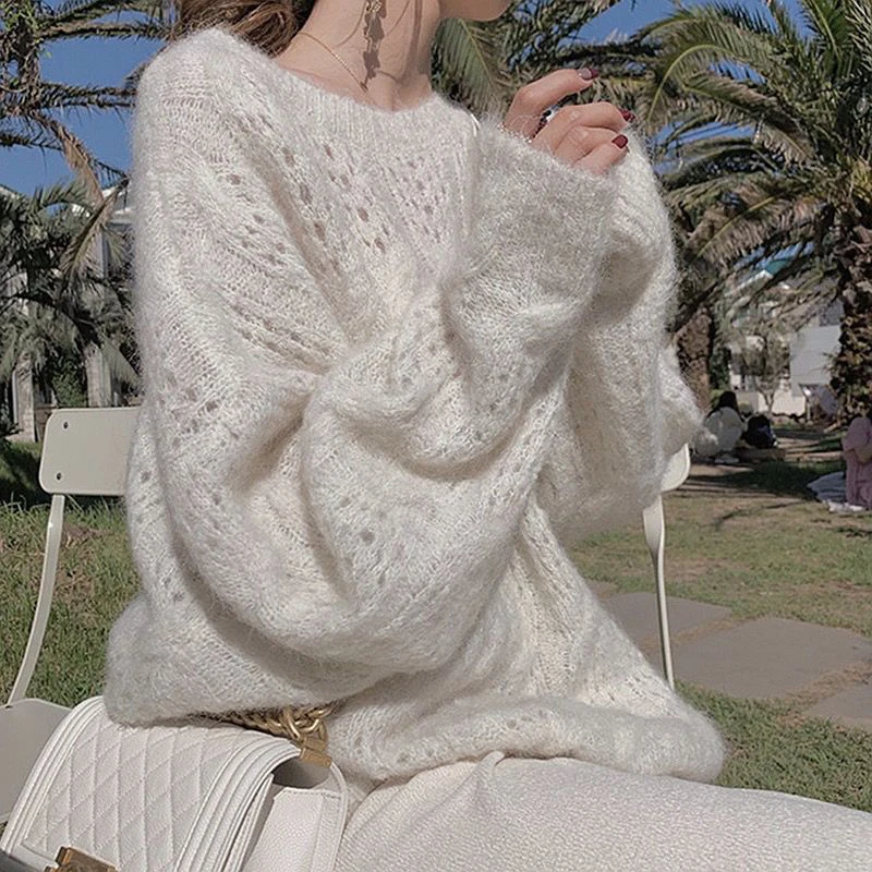 

White Hollow Out Sweater Women Hot Sale 2024 Spring Fall New Lazy Style Soft Jumpers Long Sleeve Round Neck Loose Knit Pullover