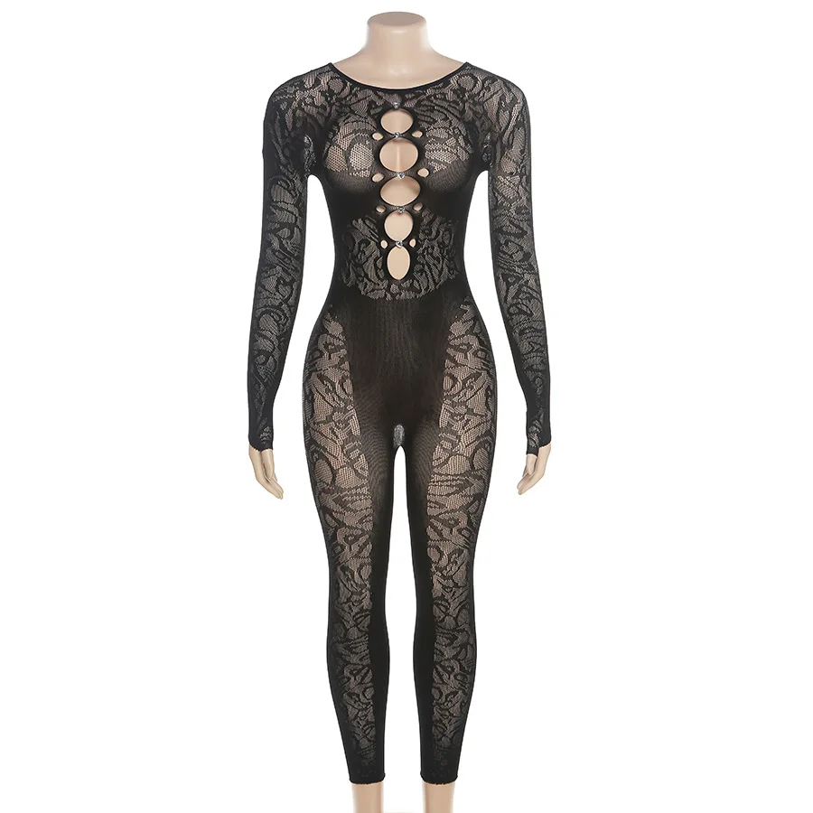 Diamond Sheer Mesh Jumpsuit Solid Hollow Out Skinny Long Sleeve Rompers 2023 Summer Sexy See Through Night Club Partyone Piece