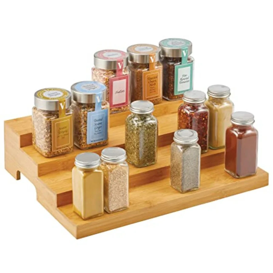 Bamboo Spice and Food Kitchen Cabinet Pantry Shelf Organizer - 4-Tier Storage - Modern Compact Caddy Rack - Holds Spices/Herb B