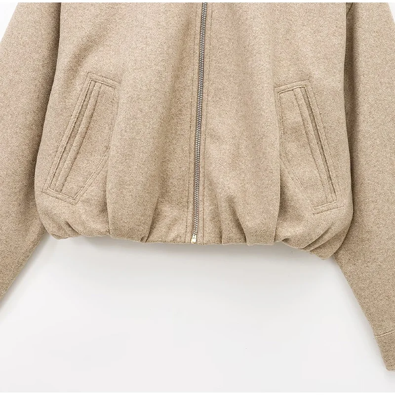 Vintage Women's Khaki Bomber Jacket Stand Collar Zipper Pocket Long Sleeve Short Coats Female 2025 Spring Thick Warm Outwear New