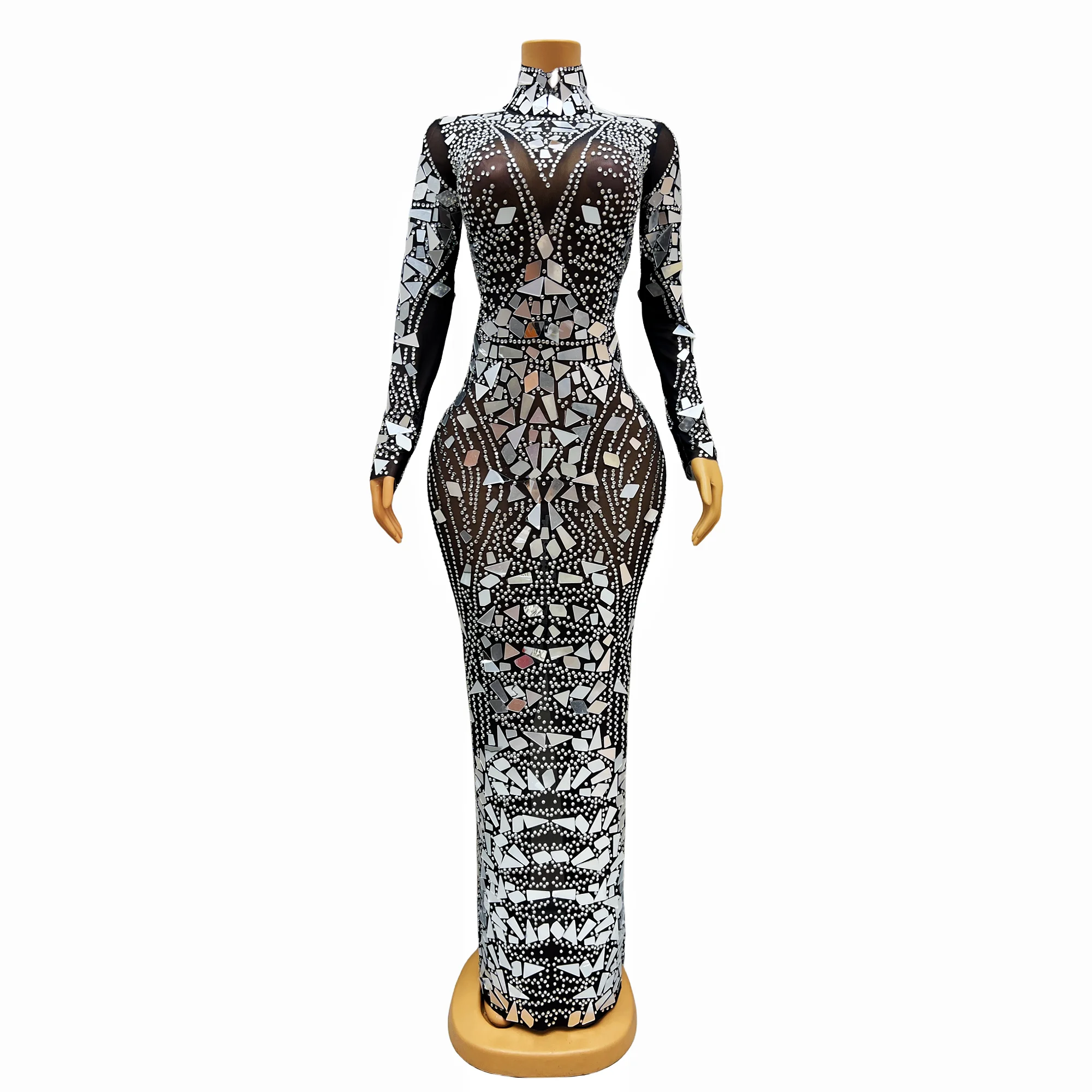 

Shining Silver Rhinestones Mirrors Birthday Celebrate Dress Singer Dance See Through Black Mesh Stretch Sexy Outfit jinji