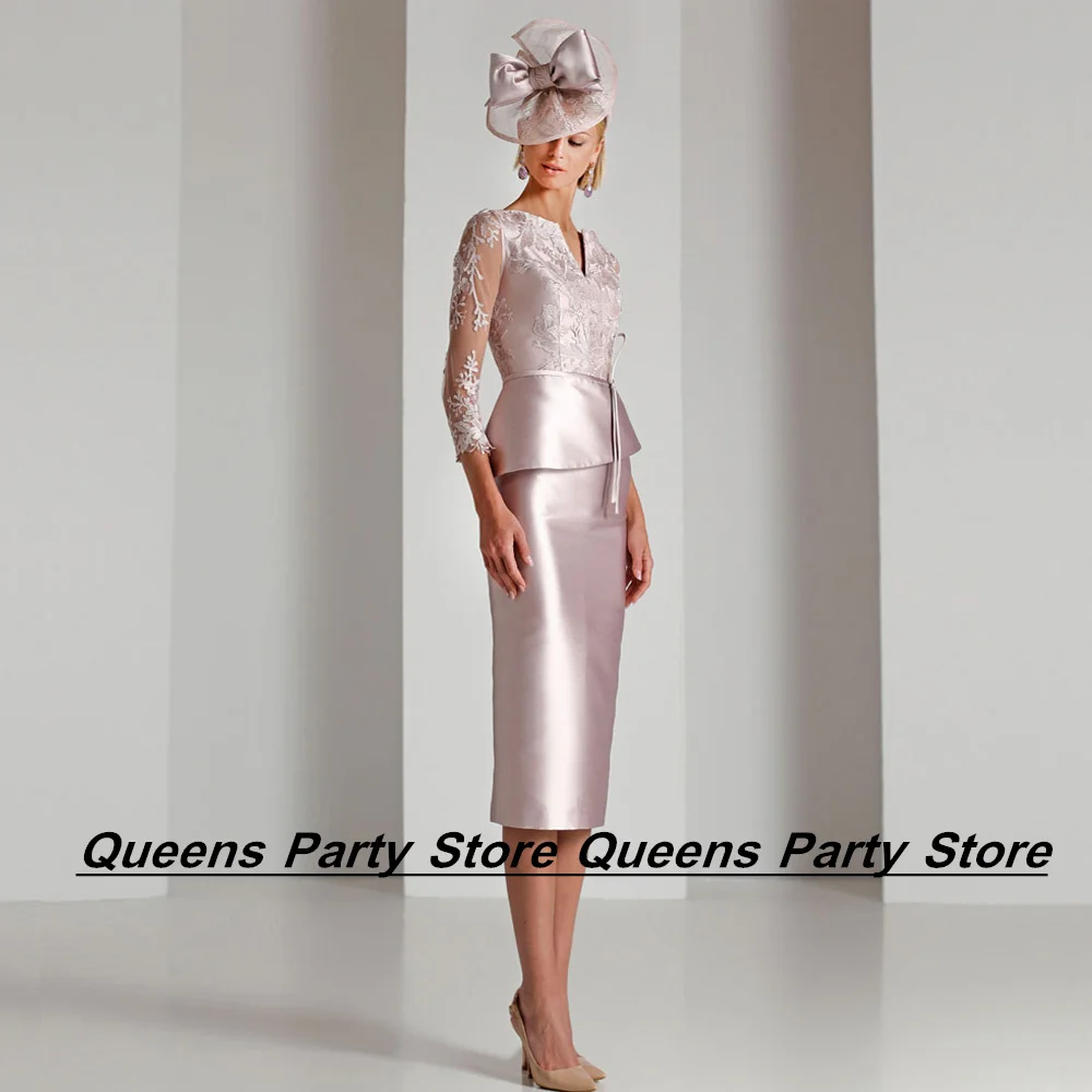 Weilinsha Guest Mother Of The Bride Dress Elegant V Neck 3/4 Sleeves Applique Tea Length Satin Wedding Party Dresses