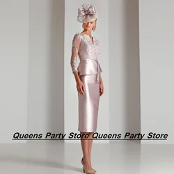 Weilinsha Guest Mother Of The Bride Dress Elegant V Neck 3/4 Sleeves Applique Tea Length Satin Wedding Party Dresses