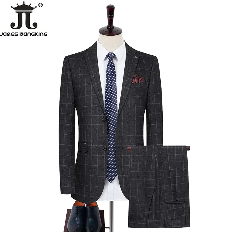 Men's Business Casual Wedding Groom Party Twopiece Blazer Trousers Slim Suit Male Solid Color Plaid Stripes Suit Jacket Pants