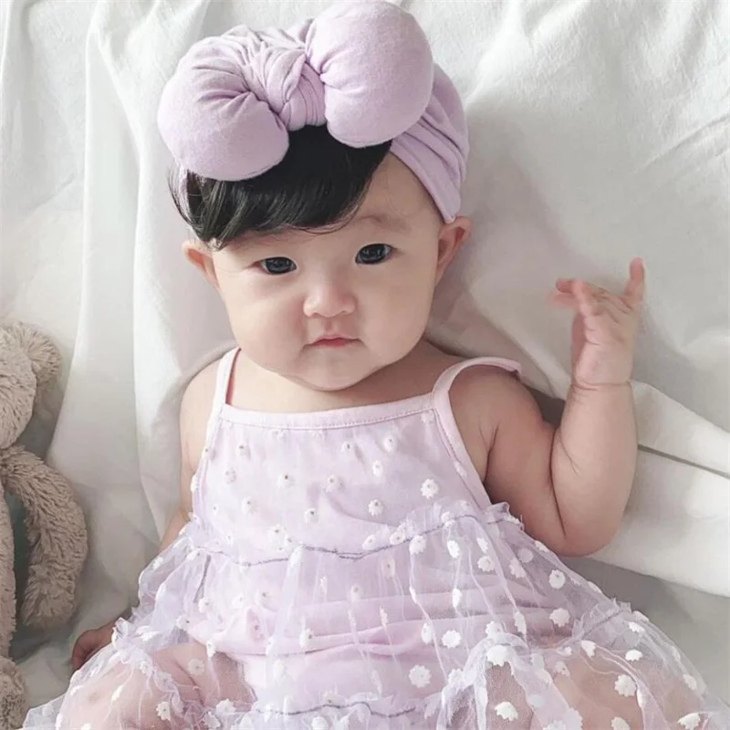 Spring Autumn Newborn Baby Girl Hair Bangs Wig Hat Cap Bow Elastic Cotton Fabric Children Infant Bebe Headbands Hats for Kids