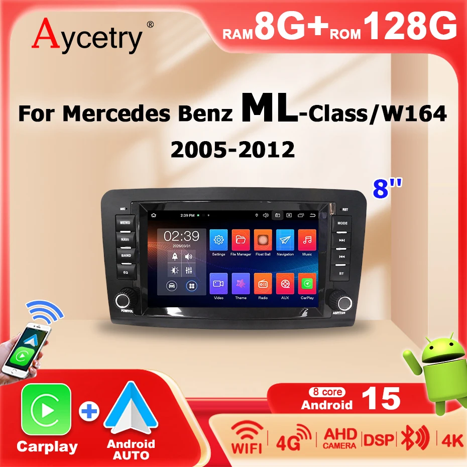 Radio para Auto con Pantalla de 8'' Android 15, CarPlay Inalámbrico, Estéreo para Mercedes-Benz Clase ML W164 ML300 ML350 ML450 ML500 ML320 2005-2012, Autoradio Bluetooth, Reproductor Multimedia, Navegación GPS 2DIN 1