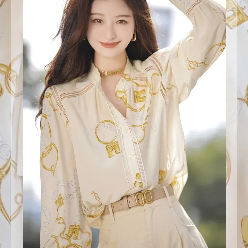 

Silk Vintage Women's Shirts Satin Printed Blouses Spring/Summer V-Neck Ladies Clothing Loose Fashion Long Sleeves Tops