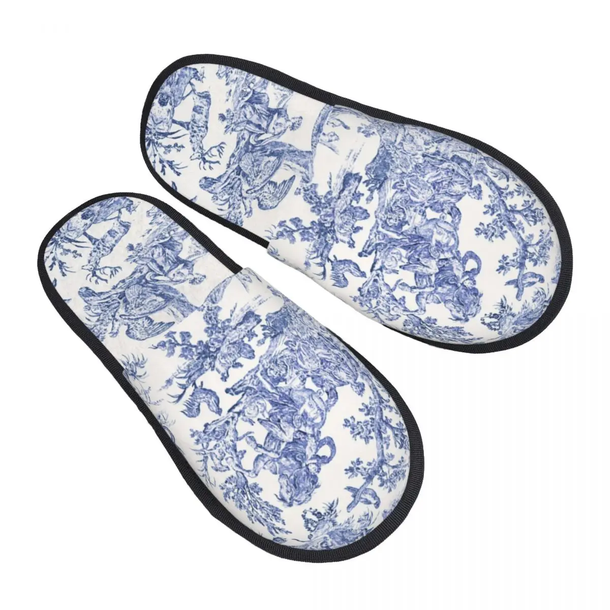 

Navy Blue Toile De Jouy Comfort Scuff With Memory Foam Slippers Women French Countryside Floral Hotel House Shoes