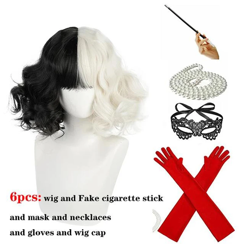 CRUELLA Deville De Vil Black White With Bangs Short Bob Heat Resistant Hair Wig Cosplay Halloween Costume Party Wig + Wig Cap