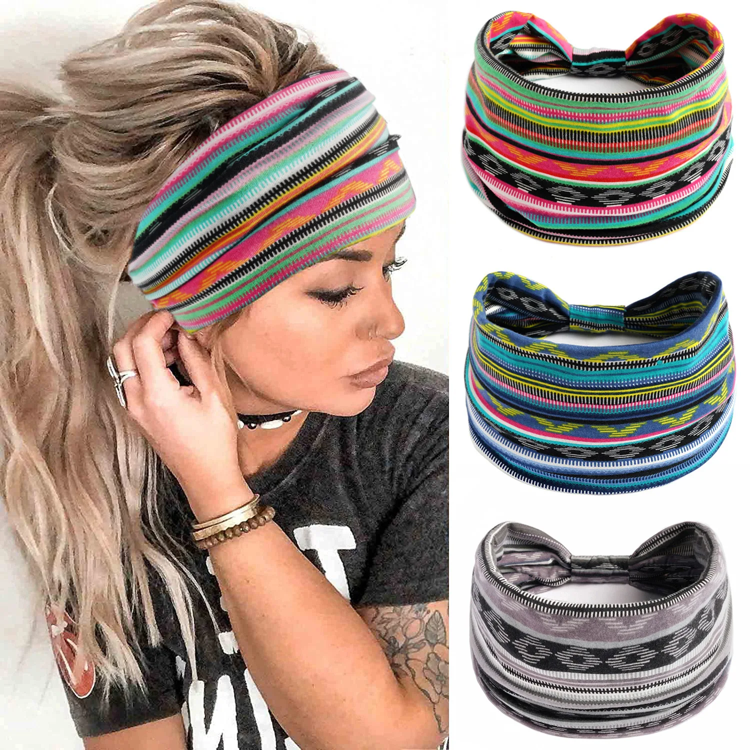 Bohemian Wide Cotton Stretch Headbands Women Headwrap Turban Headwear