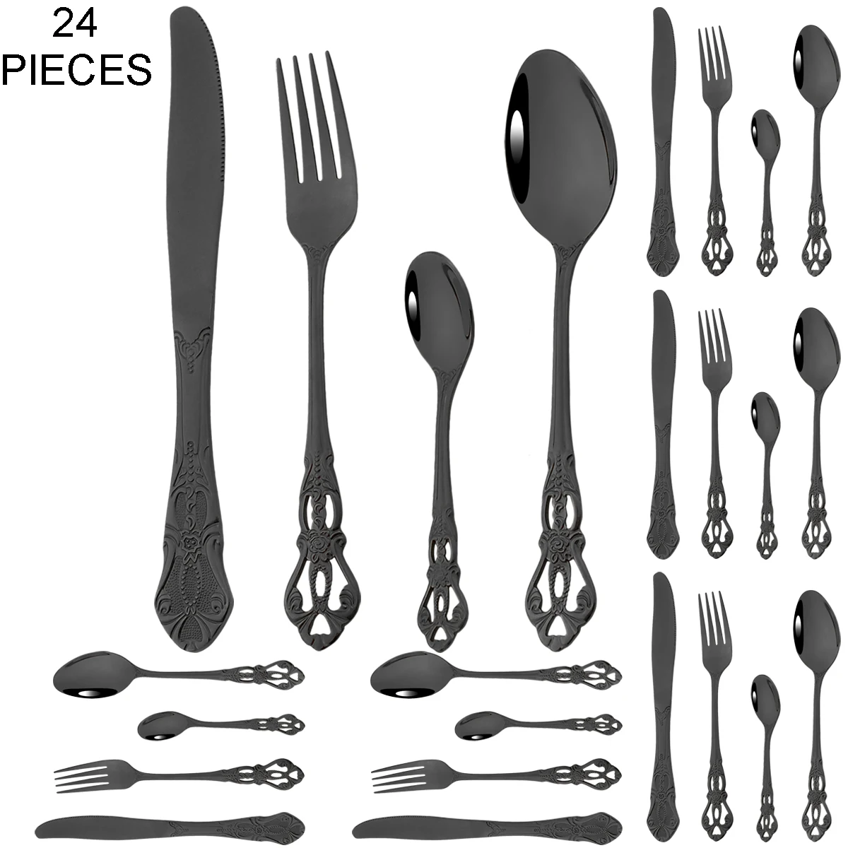 

24Pcs Vintage Dinnerware Set Stainless Steel Cutlery Set Black Flatware Set Knife Fork Coffee Spoon Tableware Kitchen Silverware