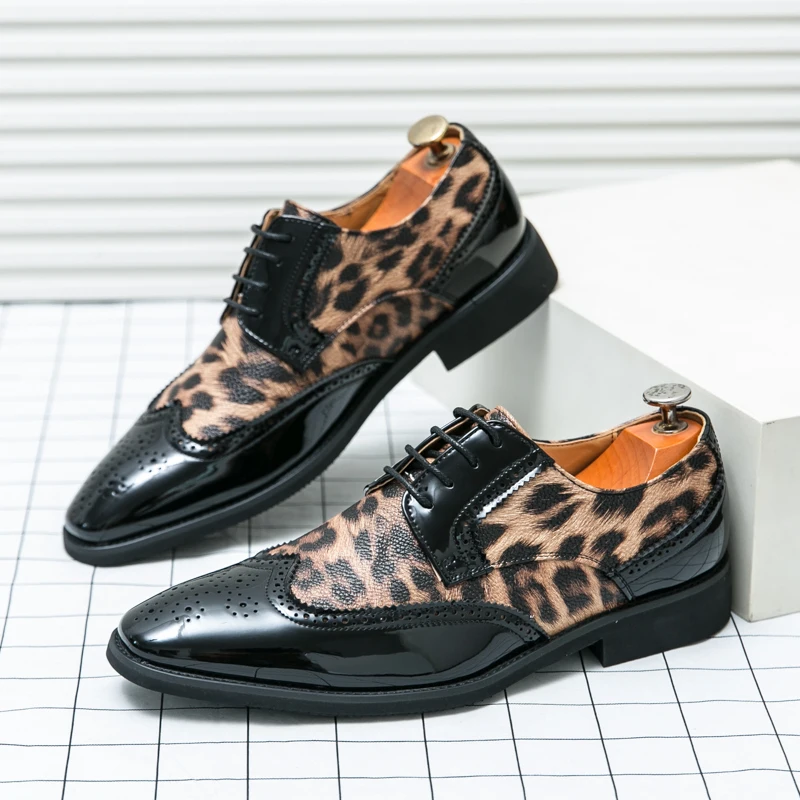 Men's lace-up leopard print leather shoes slip-on business casual loafers Hair Stylist Nightclub 46 47 48 Extra size