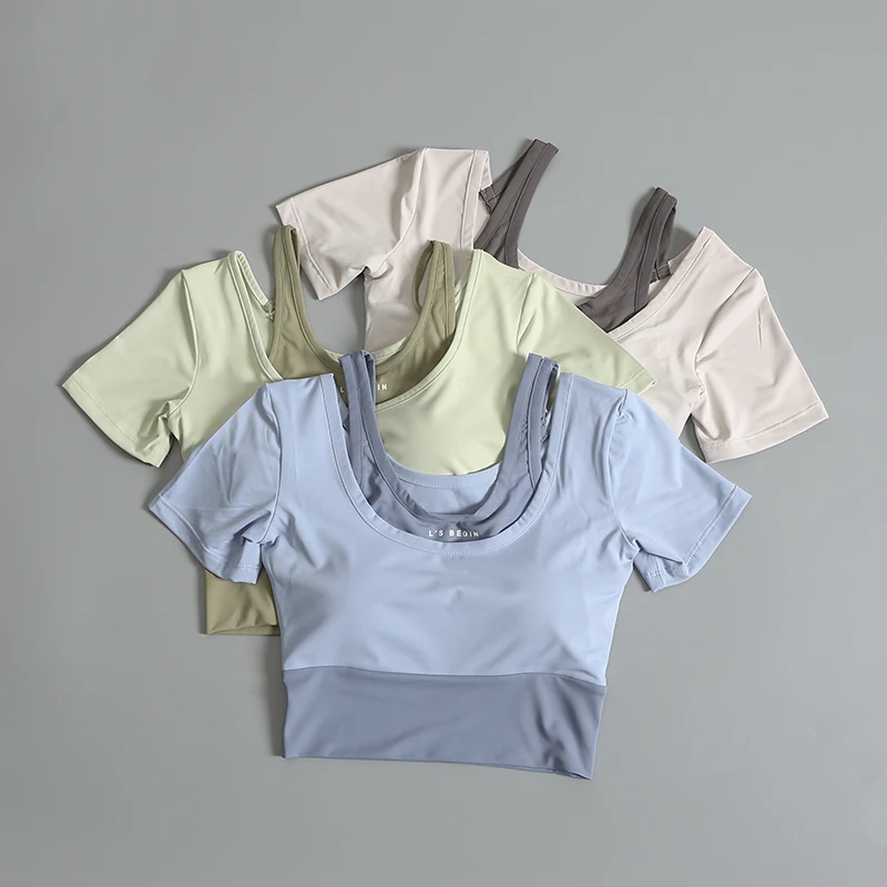 

Fitness yoga clothes women with chest pads earthquake-proof morning running suit short-sleeved quick-drying shirt T-shirt