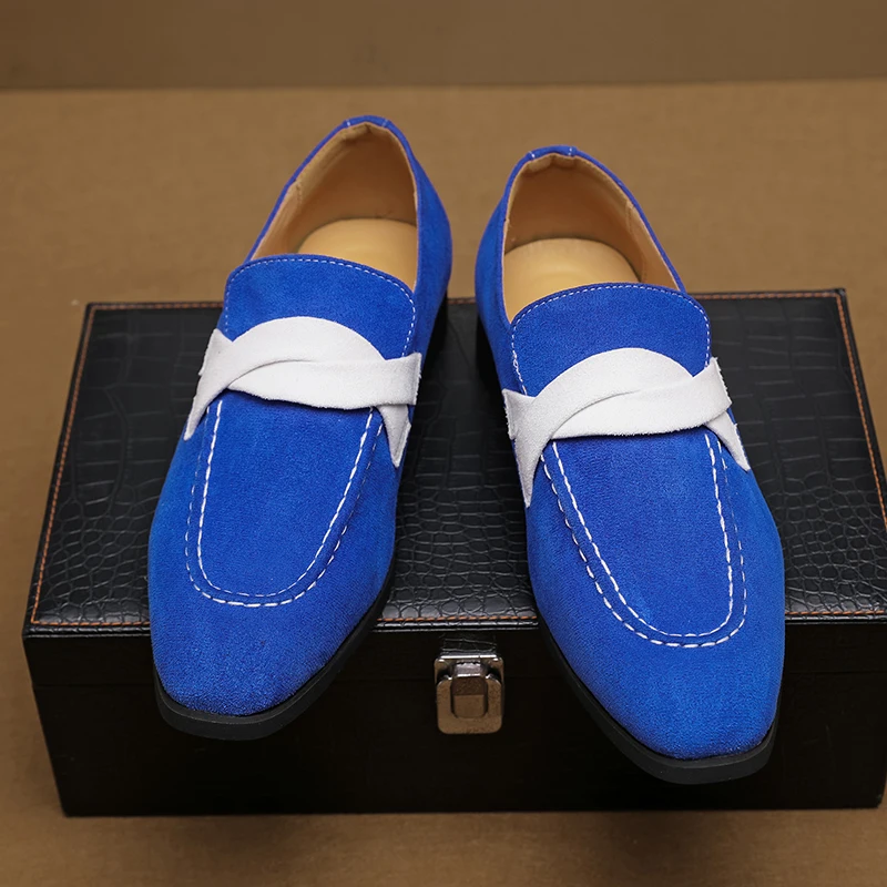 

New Blue Loafers for Men Flock Round Toe Business Slip-On Dress Shoes Handmade Size 38-48 Mens Shoes