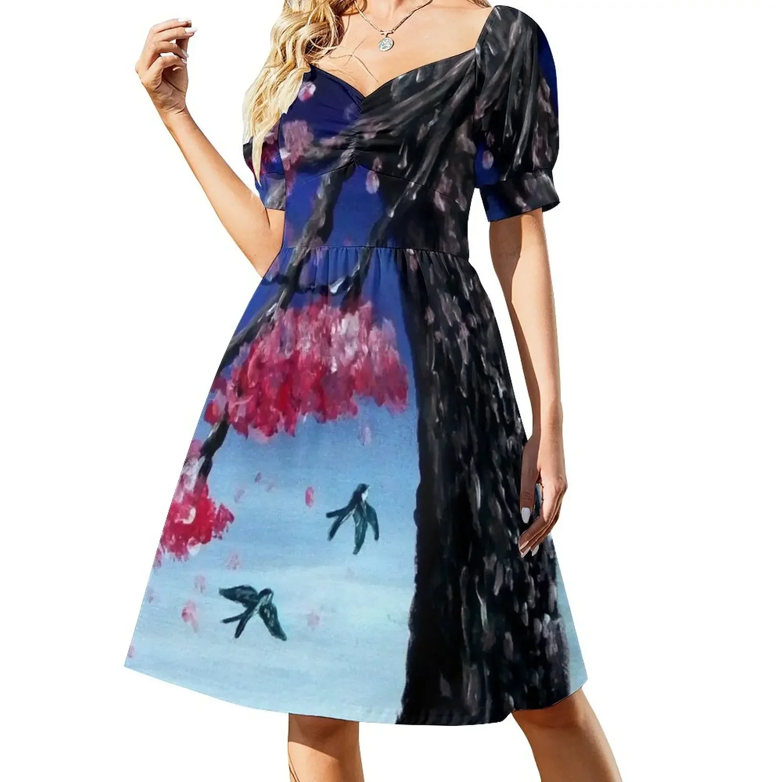thumbnail image 1 of Vestido de manga corta con flores de cerezo Ropa de mujer Vestidos de mujer Vestido de verano para mujer Vestidos para mujer, 1 of 7