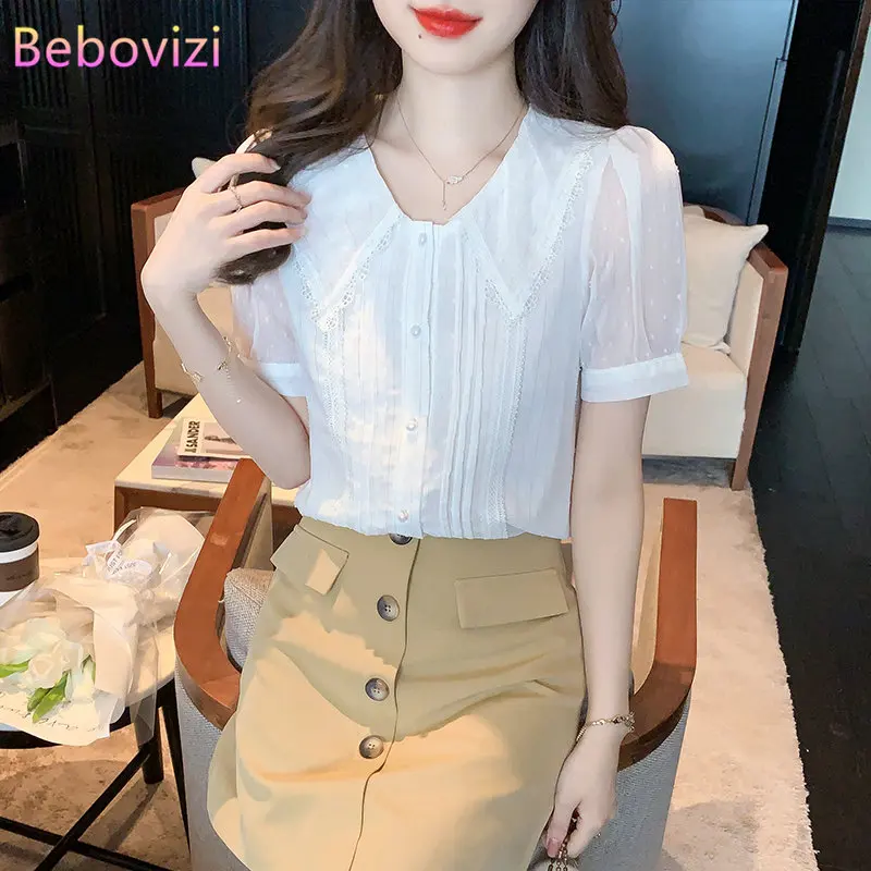 

White Shirt Summer New 2023 Short Sleeve Lace Peter Pan Collar Fashion Pleated Slim Blouse Top Women Clothing