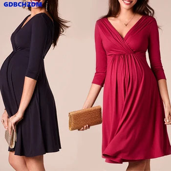 Breastfeeding Dresses Maternity Clothes for Pregnant Women Clothing Solid V-Neck Pregnancy Dresses Mother Wear Evening Dress 1