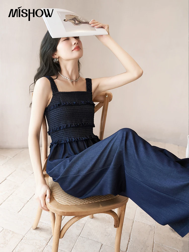 MISHOW Suspender Jumpsuit 2023 Summer Lmitation Denim High Waist Elastic Ruffles Wide Leg Pants Full Length Jumpsuit MXC38K0079
