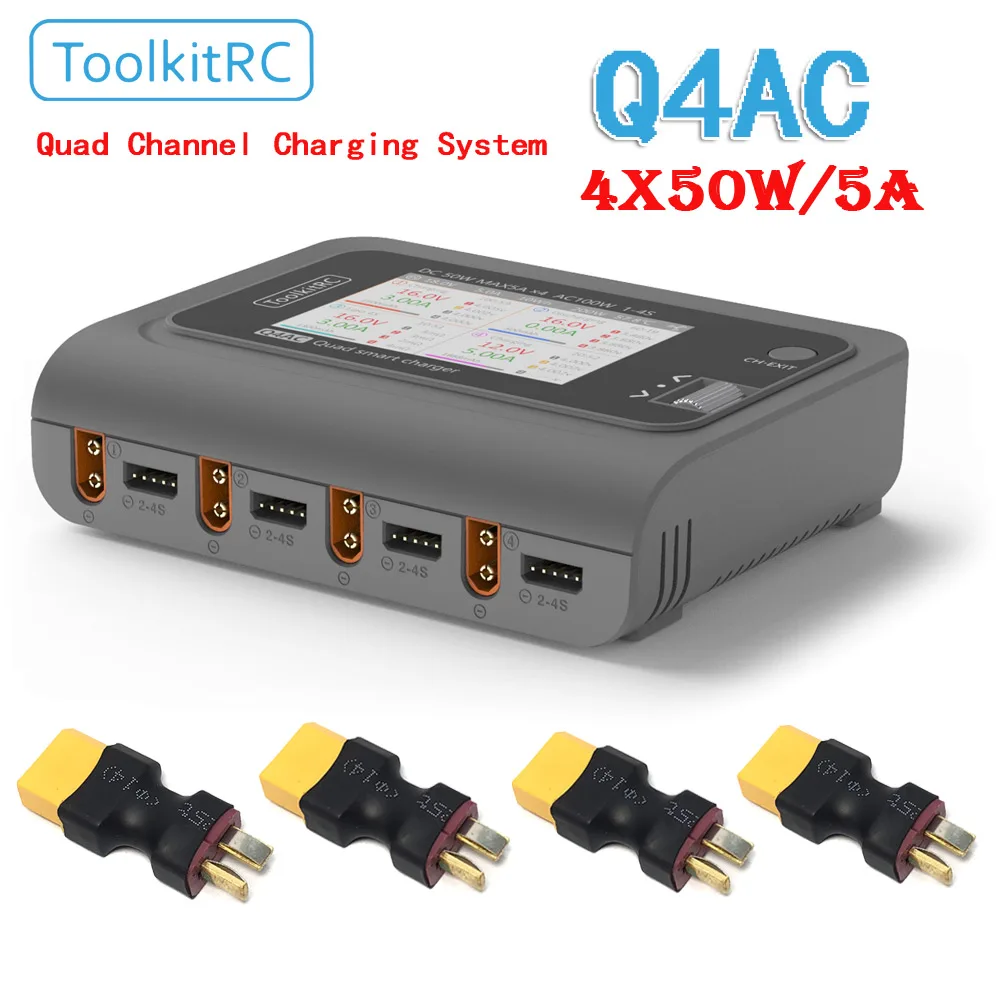 

100% Original ToolkitRC Q4AC 4x50W 5A AC 100W 4 Port DC Smart Discharger Charger XT60/T Optional for 1-4S Lipo Battery