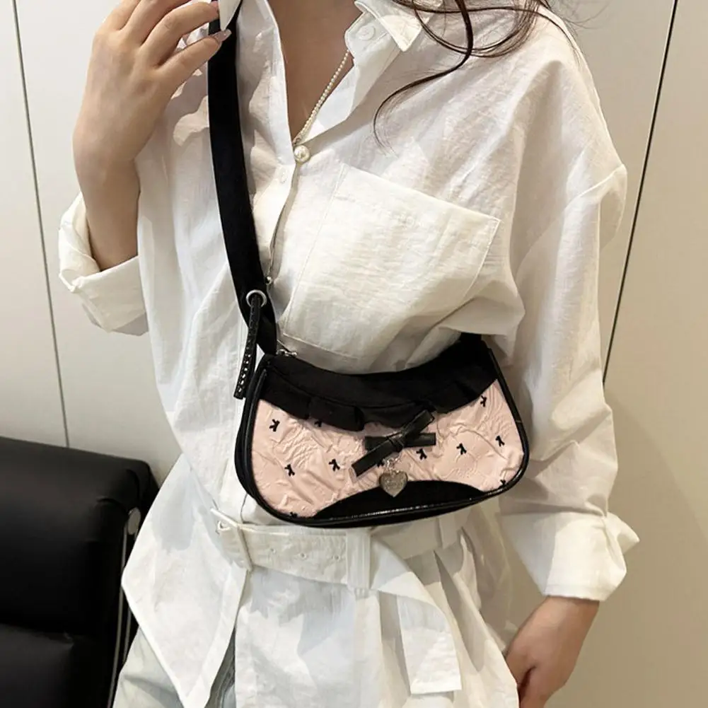 Borsa Hobo in Denim con Decorazioni in Pizzo a Quadretti, Borsa a Tracolla con Fiocco e Cuore, Borsetta Crossbody per Ragazze Stile Y2K - immagine 3
