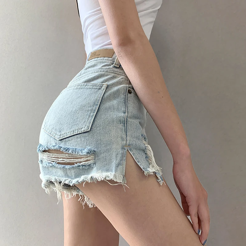 Light Blue Denim Shorts Y2k Women High Quality Summer Casual Solid Sexy Torn Jeans Short Pants Black Fashion Female Clothing Ins
