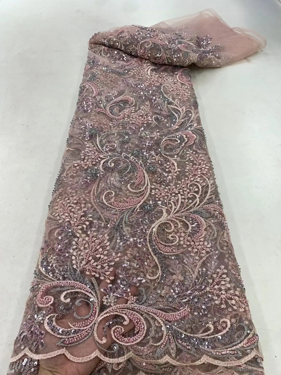 

Nigerian ZH-1302878 lace fabric high quality african lace fabric with beads for sew wedding