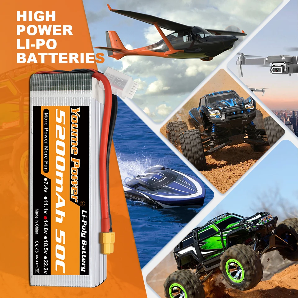 Batterie LiPo 4S 5200mAh 14.8V XT60/XT90 pour RC Drone Voiture