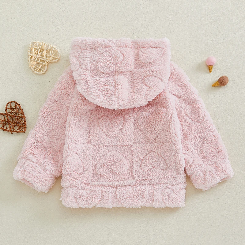 Kids Baby Girl Plush Hooded Sweatshirt Autumn Winter Cute Heart Pattern Long Sleeve Casual Hoodies Valentine's Day Pullovers