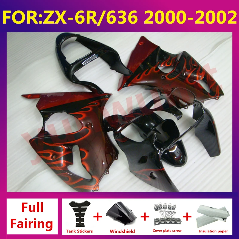 

New ABS Motorcycle full Fairing kit Fit For kawasaki ZX6R 636 ZX-6R ZX-6 2000 2001 2002 fairings kits bodywork set red flame