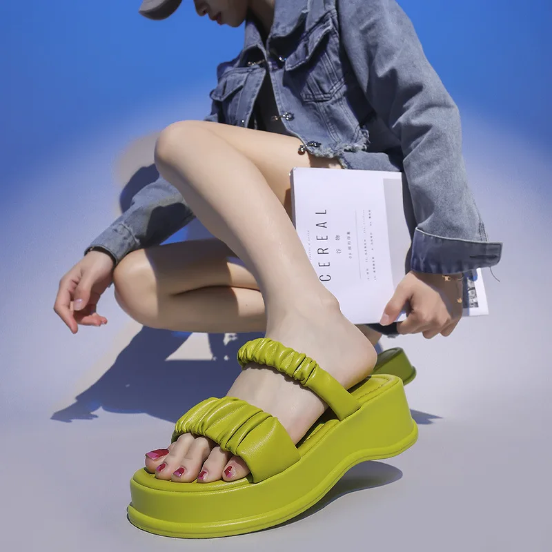 

Women's Pleated Slippers 2023 Summer New Heightened Casual Indoor Slippers Womens Shoes Outer Round Toe Thick Bottom Beach Shoes
