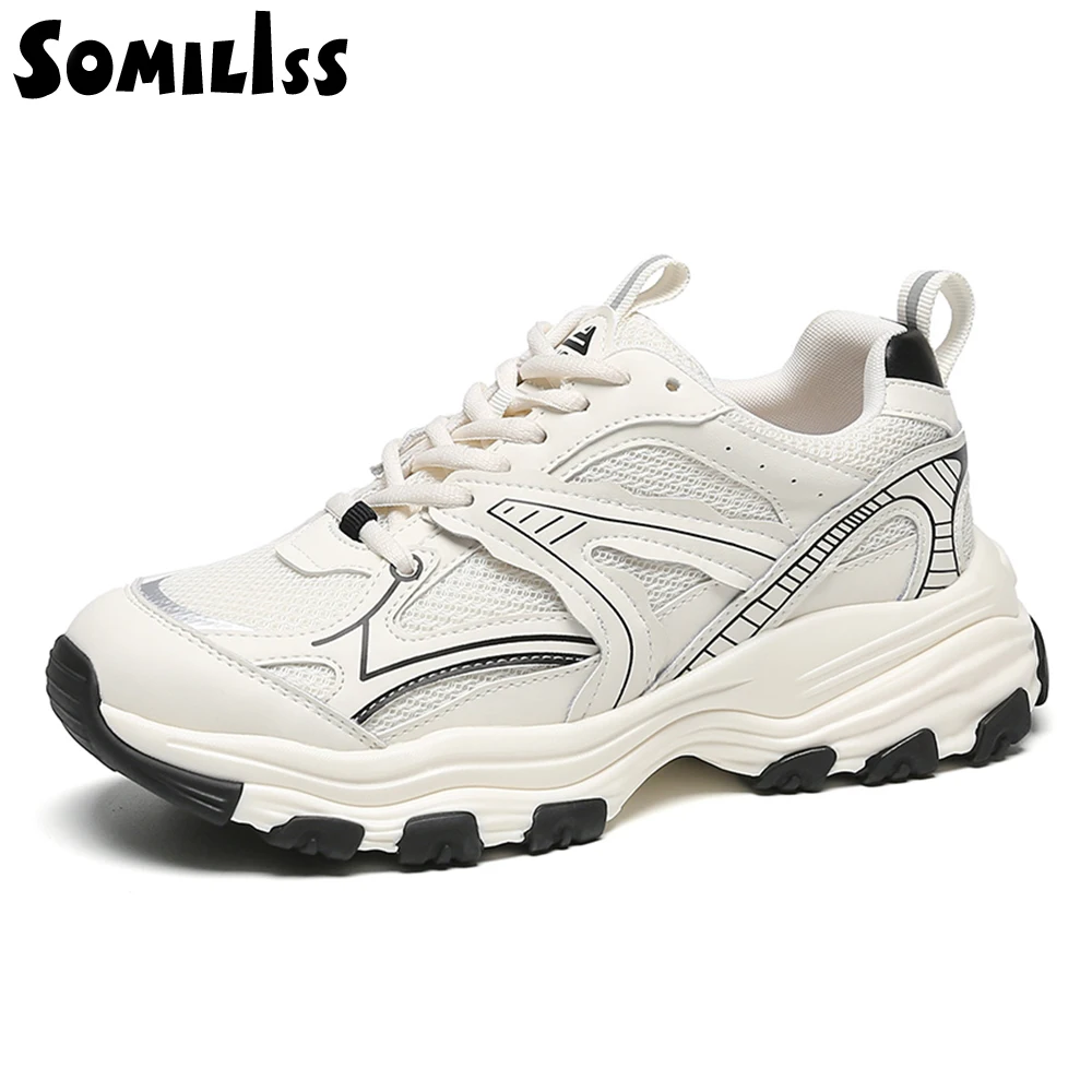 SOMILISS Women Platform Chunky Sneakers Genuine Leather Breathable Mesh Patchwork Comfortable Ladies Fashion Casual Shoes